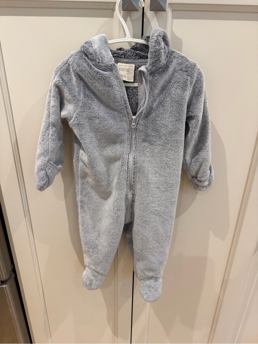 First impressions 6-9m Plush Hooded Baby One-Piece - Light Gray